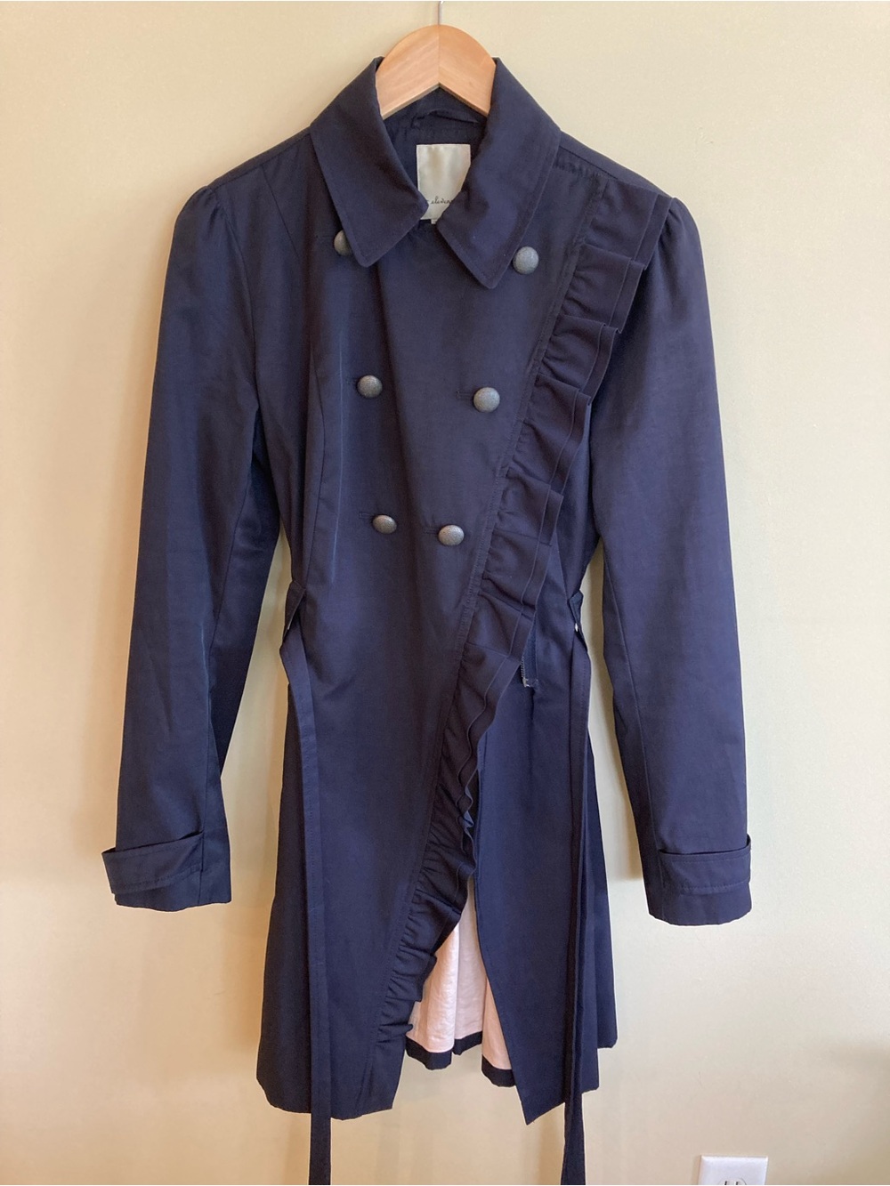 Anthropologie Navy Double-Breasted Ruffle-Trim Trench Coat
